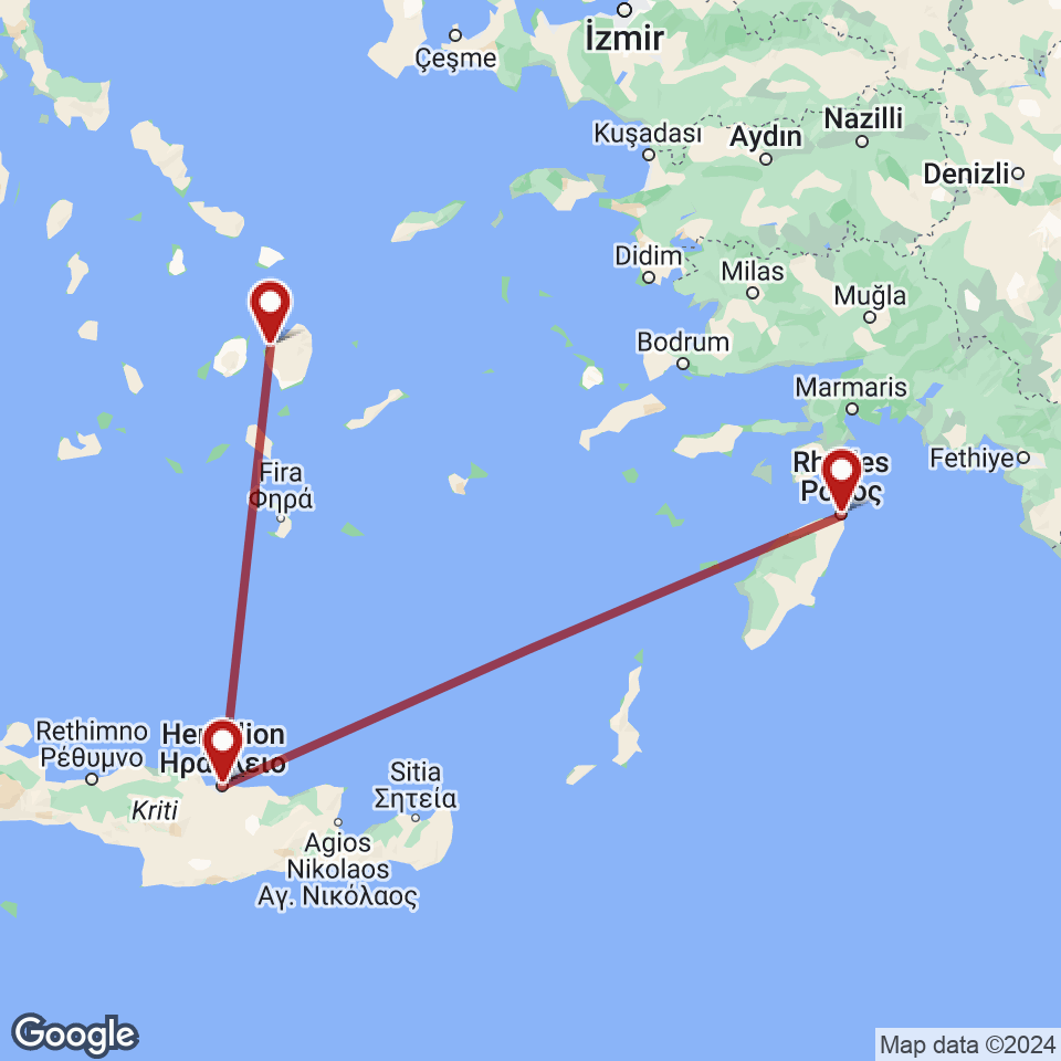 Route for Rhodes, Heraklion, Naxos tour